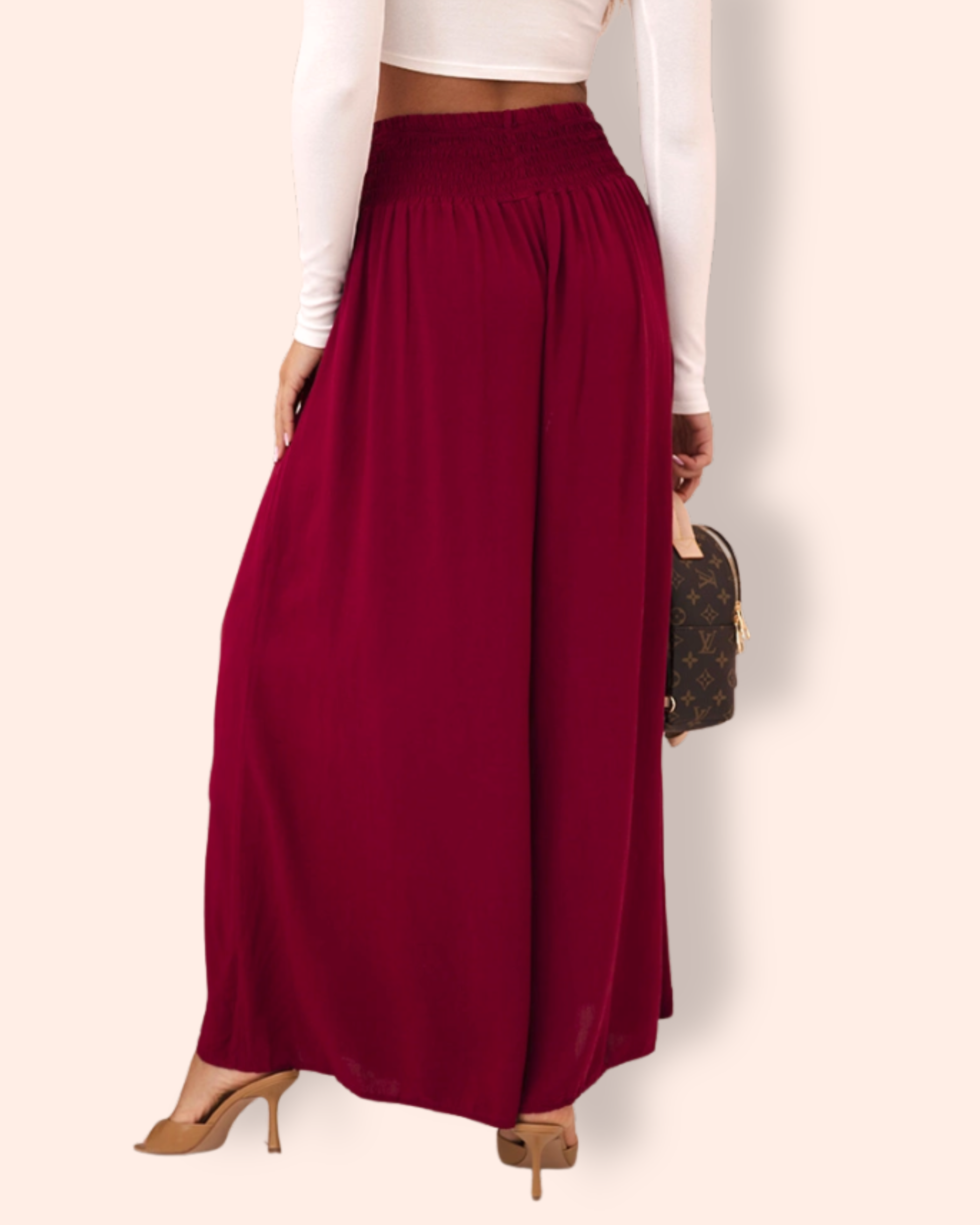 LUCY leveälahkeiset viskoosihousut burgundy